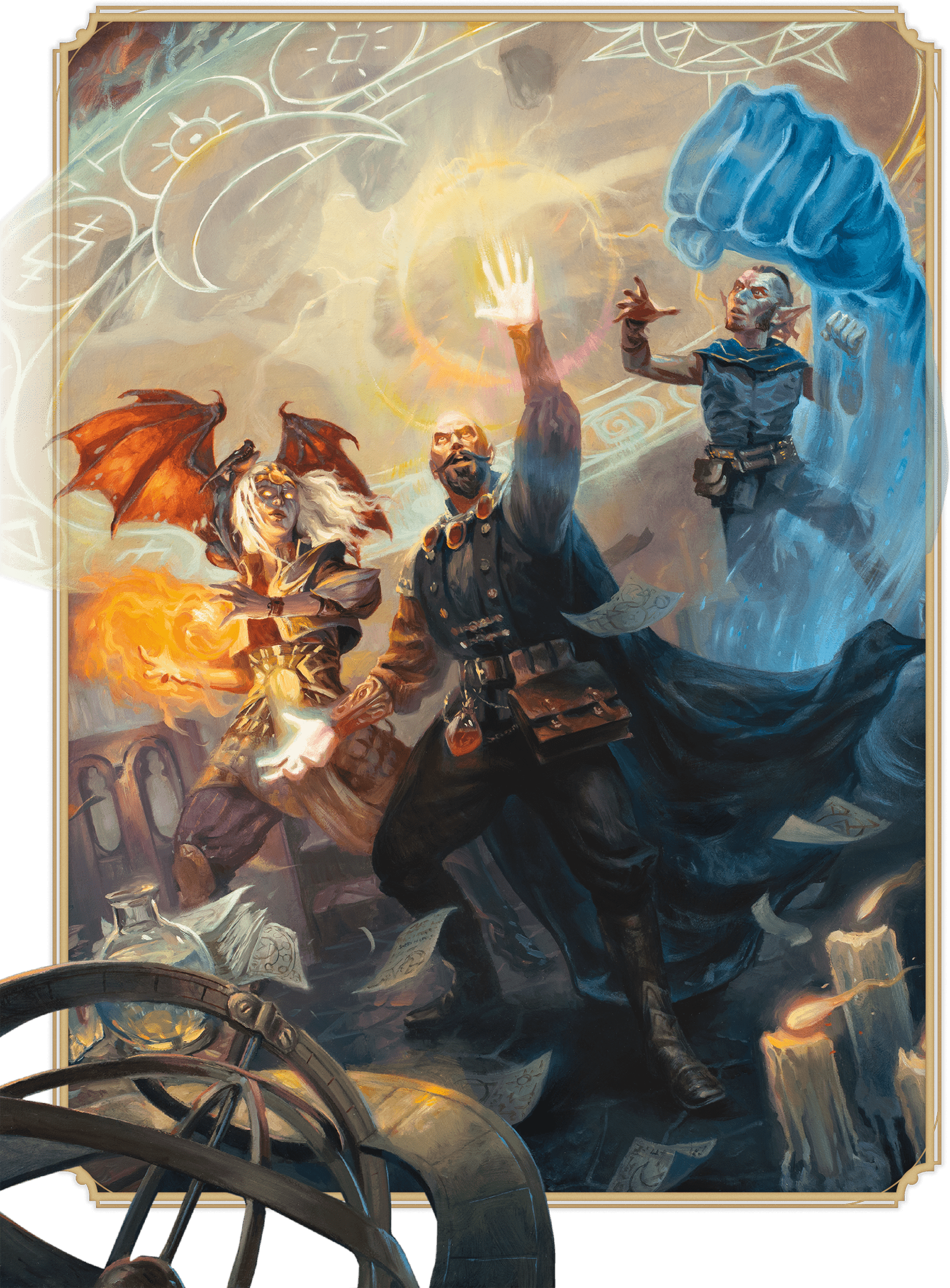 Archmages of Greyhawk—Jallarzi, Mordenkainen, and Bigby—prepare their magic as they open a gate to another plane