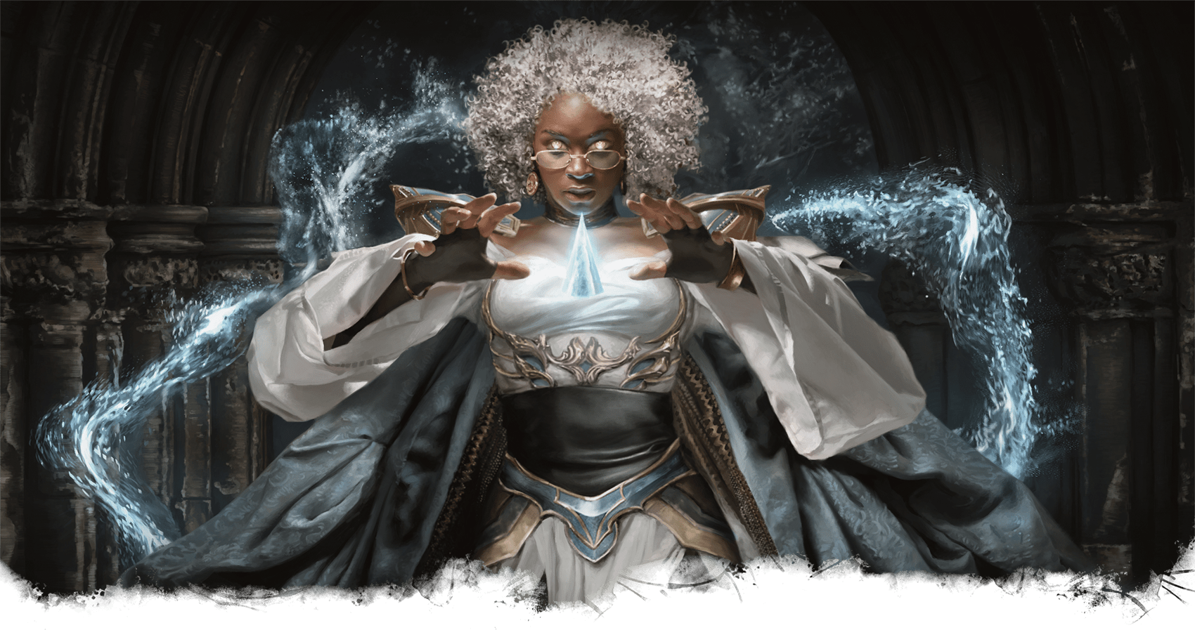 An aasimar Wizard uses a crystal material component to focus the magic of 