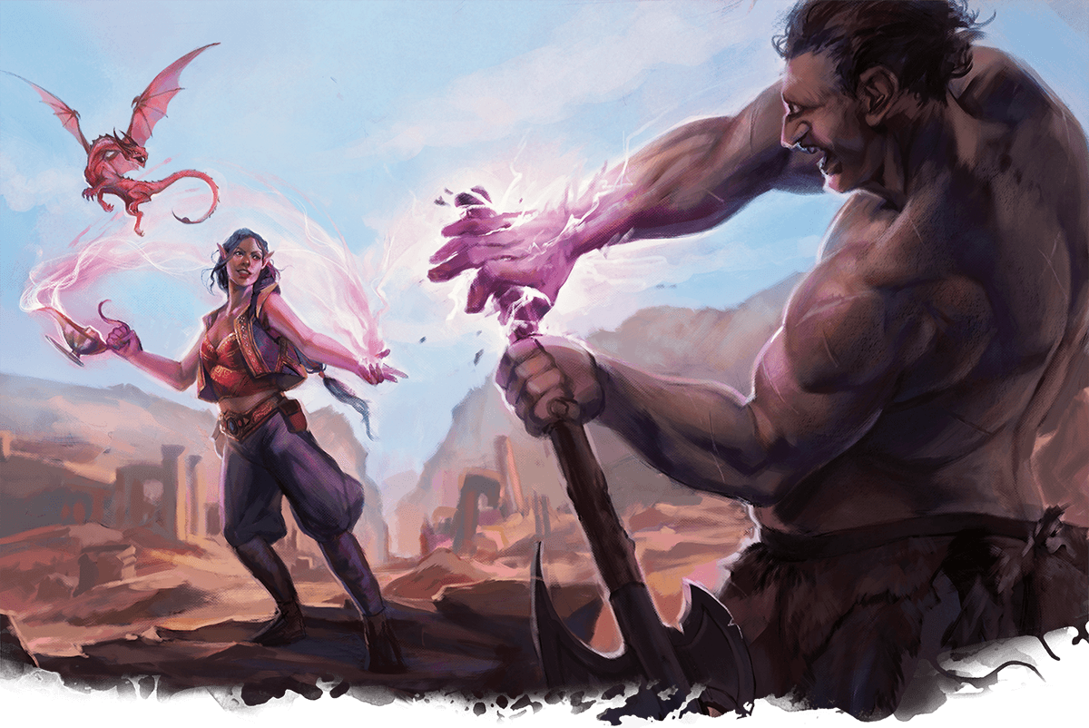 A Genie Warlock flings spells at a Cyclops