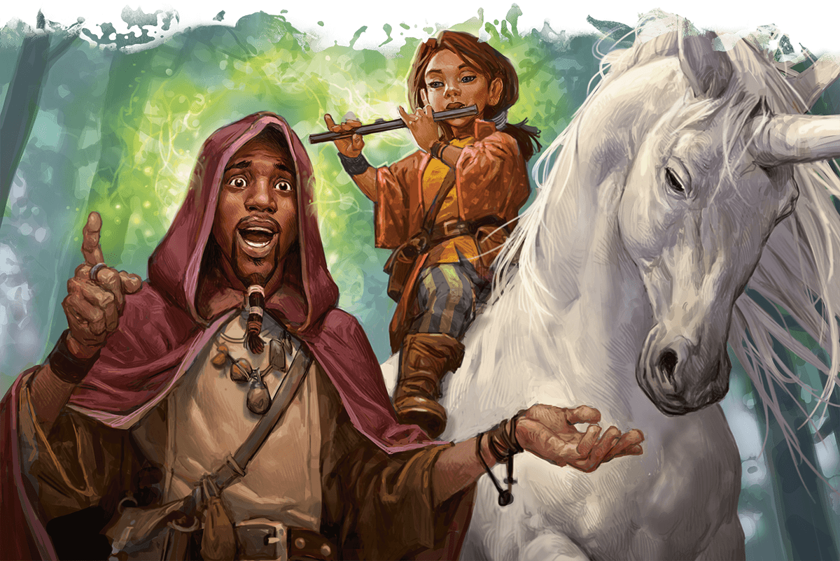 A small Bard rides a unicorn and casting something on an unsuspecting black man.